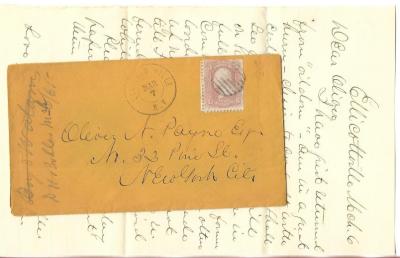 1865 Civil War Era Cover With Letter From Ellicottville, NY To New York City