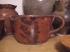 Handled Redware Batter Bowl, Clear Glaze Manganese Sponged Decoration